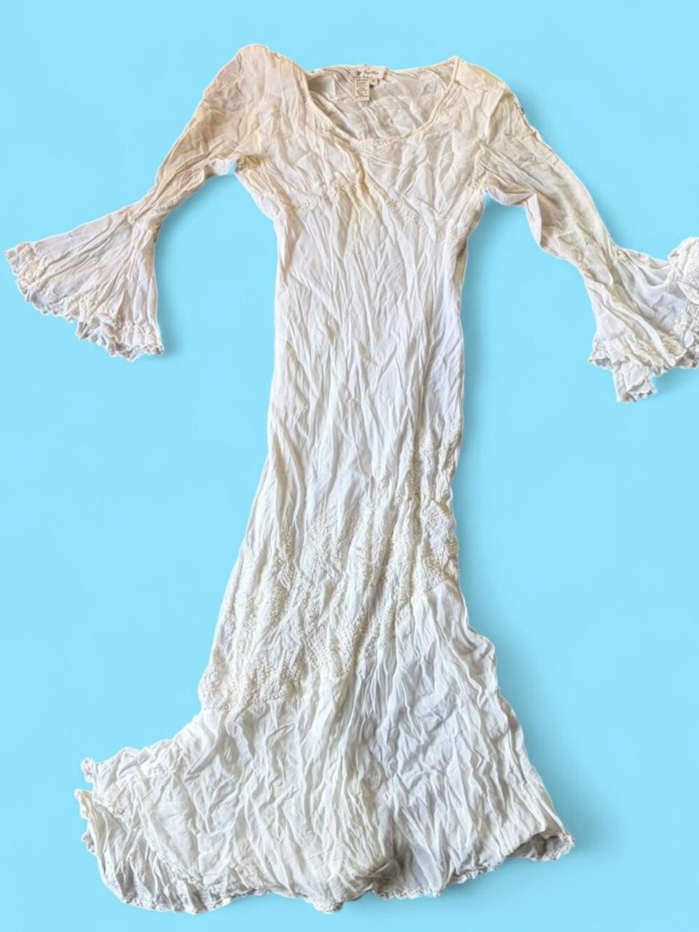 vintage-style bohemian white crinkle maxi dress.  tiered bell sleeves with ruffl